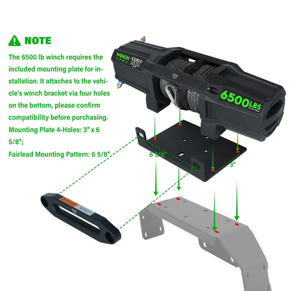 TYT 6500 lb UTV Winch with Wireless Remote and Wired Switch，12 Volt DC Electric Trailer Winch,1/4" x 50FT Synthetic Rope Winch with Rubber Stopper and Mounting Plate