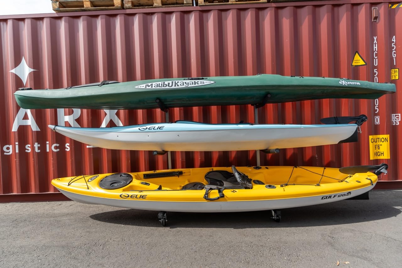 SPAREHAND Freestanding Triple Storage Rack - Heavy Duty G-C4 Caster Wheels with W/Brake - Tri-Level Rack System for 3 Kayaks, SUPs, Canoes, & Paddleboards - Suitable for Indoor & Outdoor