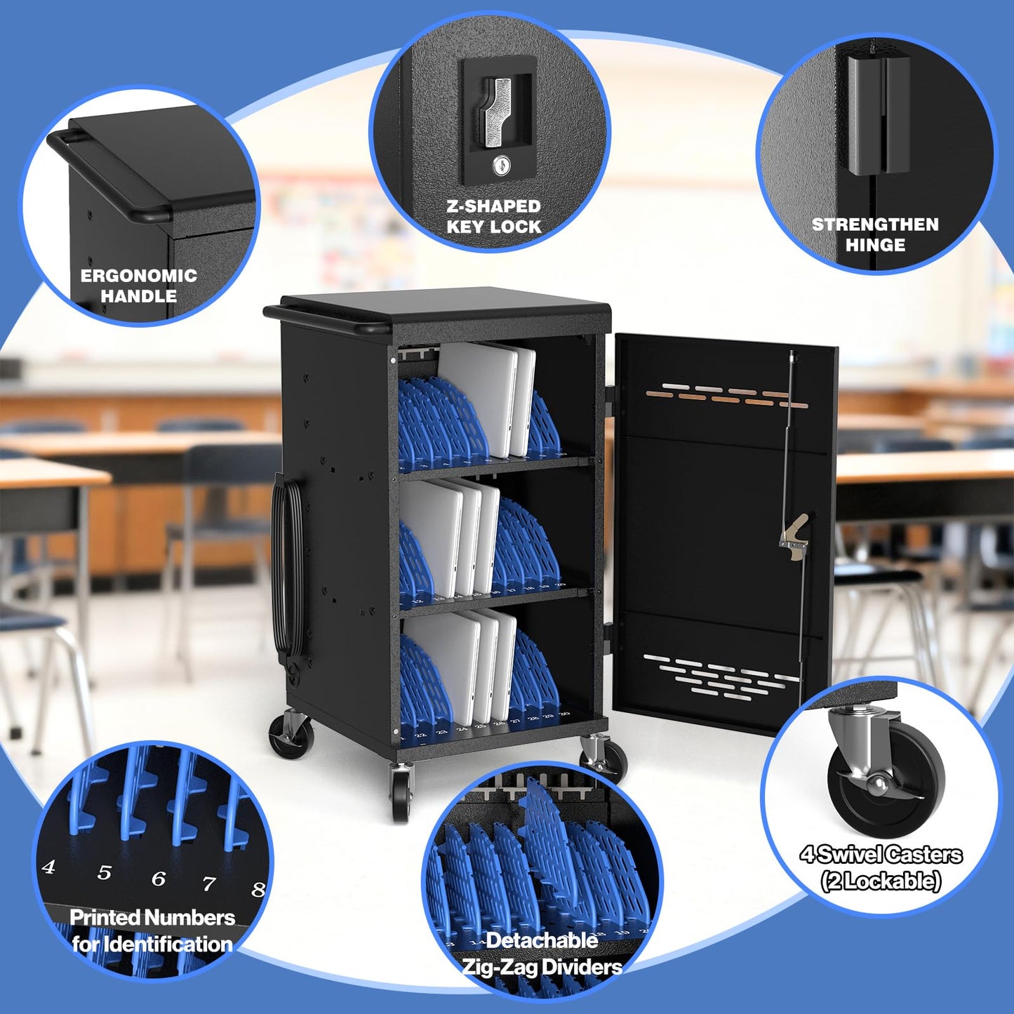 Pochar 30 Devices Laptop Charging Cart for Chromebook, iPad, 14'' Tablets - Charging Storage Cart for Classroom with Cable Management & Grounding Protection, Assembly Required