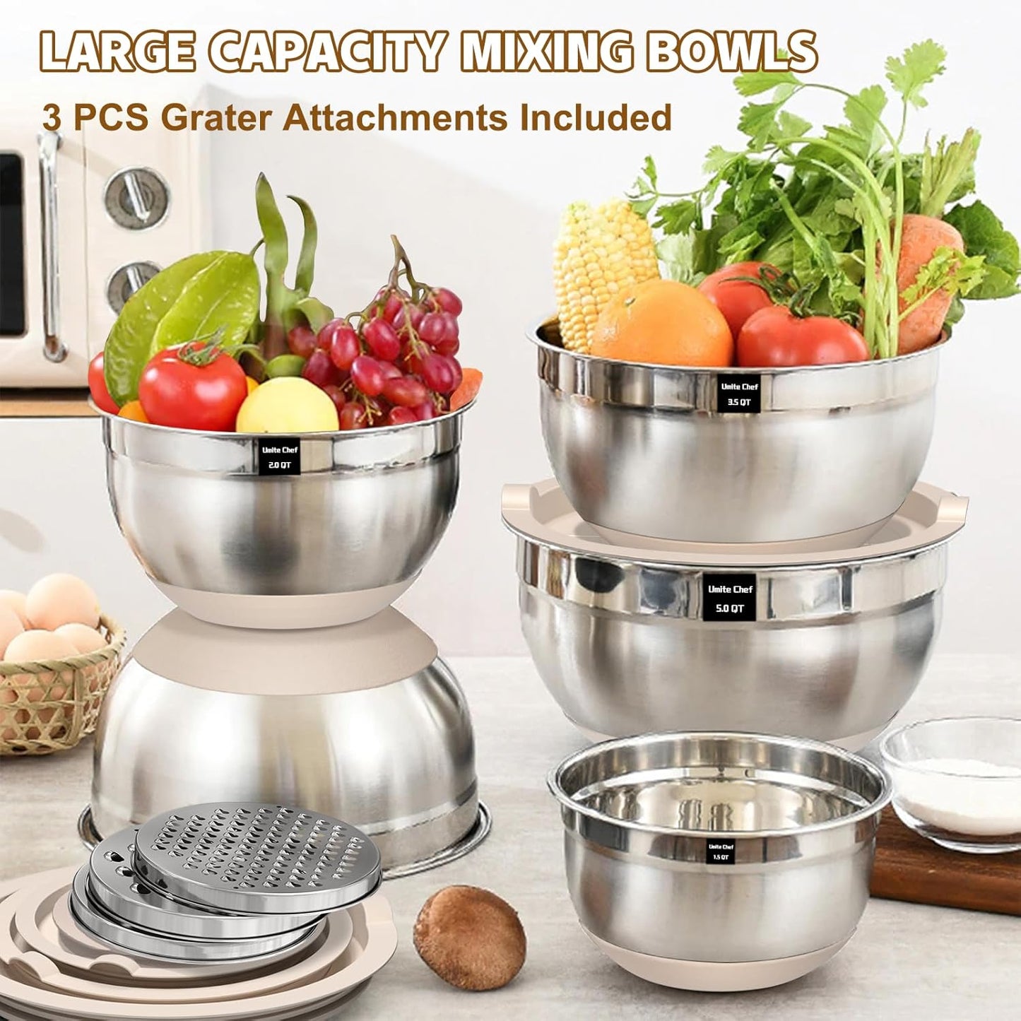 Umite Chef Mixing Bowls Set - 8PCS Stainless Steel Nesting Bowls with Airtight Lids & Grater | Khaki, Non-Slip Bottoms, 1.5QT to 5QT