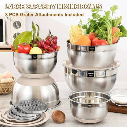 Umite Chef Mixing Bowls Set - 8PCS Stainless Steel Nesting Bowls with Airtight Lids & Grater | Khaki, Non-Slip Bottoms, 1.5QT to 5QT
