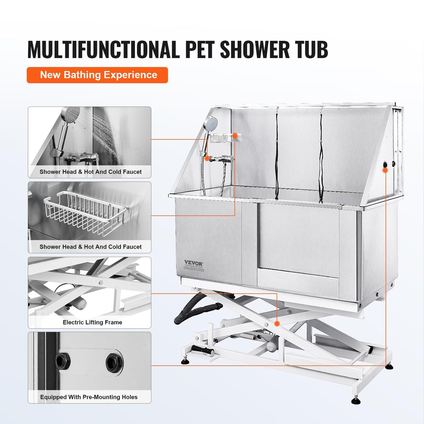 VEVOR 50" Pet Dog Bathing Station Electric Height Adjustment, Professional Stainless Steel Dog Grooming Tub w/Soap Box, Faucet,Rich Accessory,Bathtub for Multiple Pets, Washing Sink for Home(Right)