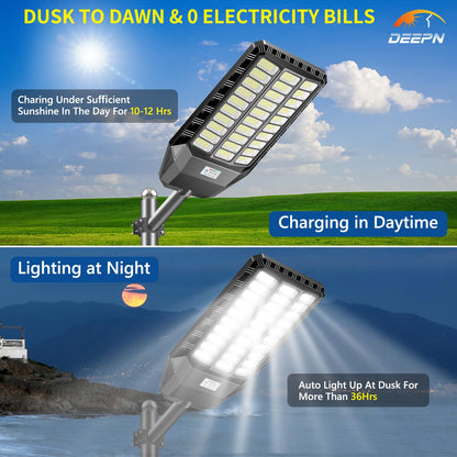 Deepn Solar Street Light, Commercial Grade Solar Lights Outdoor IP67 Waterproof, 8700W LED Flood Security Lights Motion Sensor & Dusk to Dawn Outdoor Lighting for Parking Lots, Streets & Yard, 1 Pack
