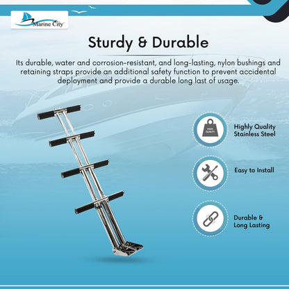 MARINE CITY 4-Step Telescoping Swim Platform Ladder – 304 Stainless Steel, Flip-Up Design, Anti-Slip Steps, 42" Pull-Out Length for Boats & Marine Use (Pack of 1)