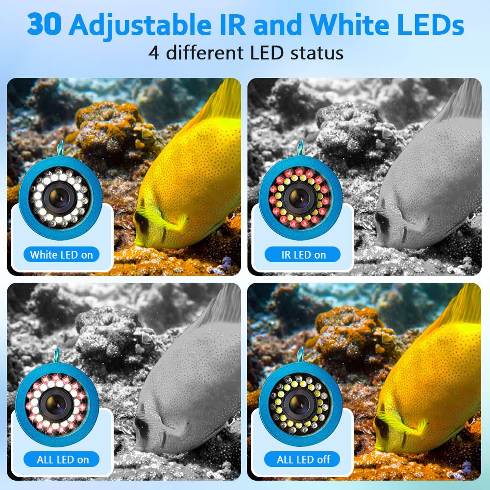 Dosilkc Underwater Fishing Camera with 7 Inch LCD Monitor, HD 1000 TVL Portable Fish Finder, 30Pcs Adjustable LED White Lamp Lights for Lake, Boat, Ice Fishing