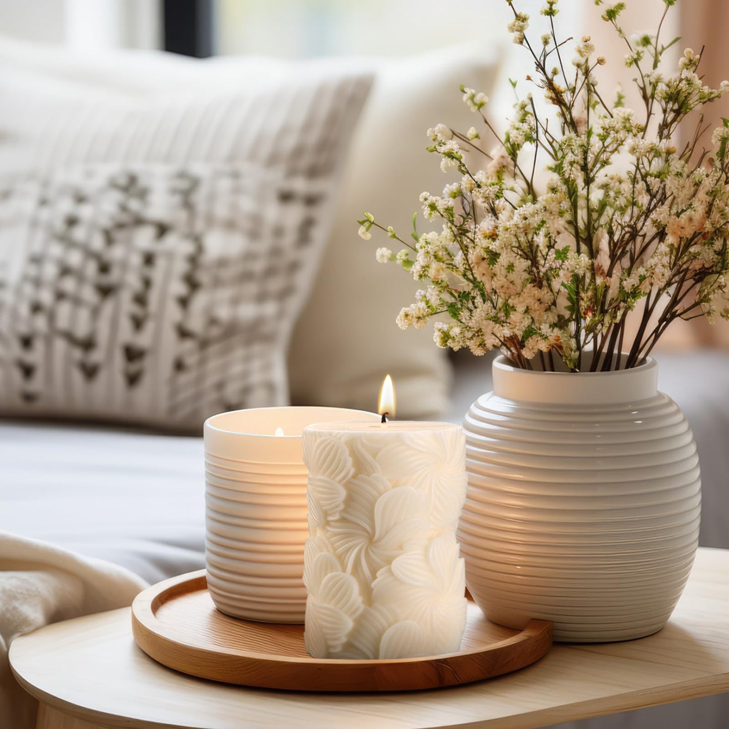 Threlaco Flower Pillar Candle Sculptured Ribbed Pillar Candle 3.8 x 2.6 inch Handmade Soy Wax Aesthetic for Wedding Gift Birthday Spa Yoga Home Party Decor
