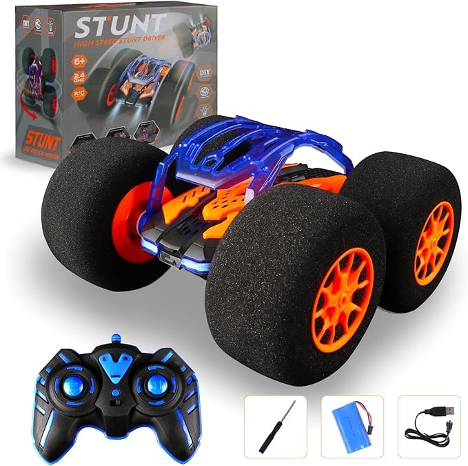 Indoor RC Car Stunt Remote Control Car Toys with Soft Wheels RC Cars for Kids Indoor Outdoor with LED headlight &amp Crazy Stunts 360° Flips Double Sided Vehicle 2.4GHz Remote Control for Boys Girls
