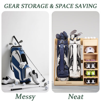 WINGYZ Premium Birch Plywood Golf Bag Storage for 2 Bags | 36lb Rock-Solid Golf Bag Organizer | 7-Shelf Command Center | Artificial Turf 12-Ball Display | No Wall Mounting Required (Natural)