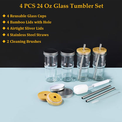 ASANMEYO 4 Pcs 24 oz Glass Cups With Bamboo Lids and Straws & 4 Airtight Lids, Reusable Smoothie Cups Mason Jar Drinking Glasses Iced Coffee Cups Glass Tumbler for Bubble Tea, Juice, Gift