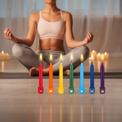 Mega Candles 7 pcs Unscented Straight Taper Chakra Candles, Hand Poured Premium Wax Candle 5 Inch x 3/4 Inch, 100% Cotton Wick, Positive Healing Energy, Meditation, Relaxation, Reiki, Yoga