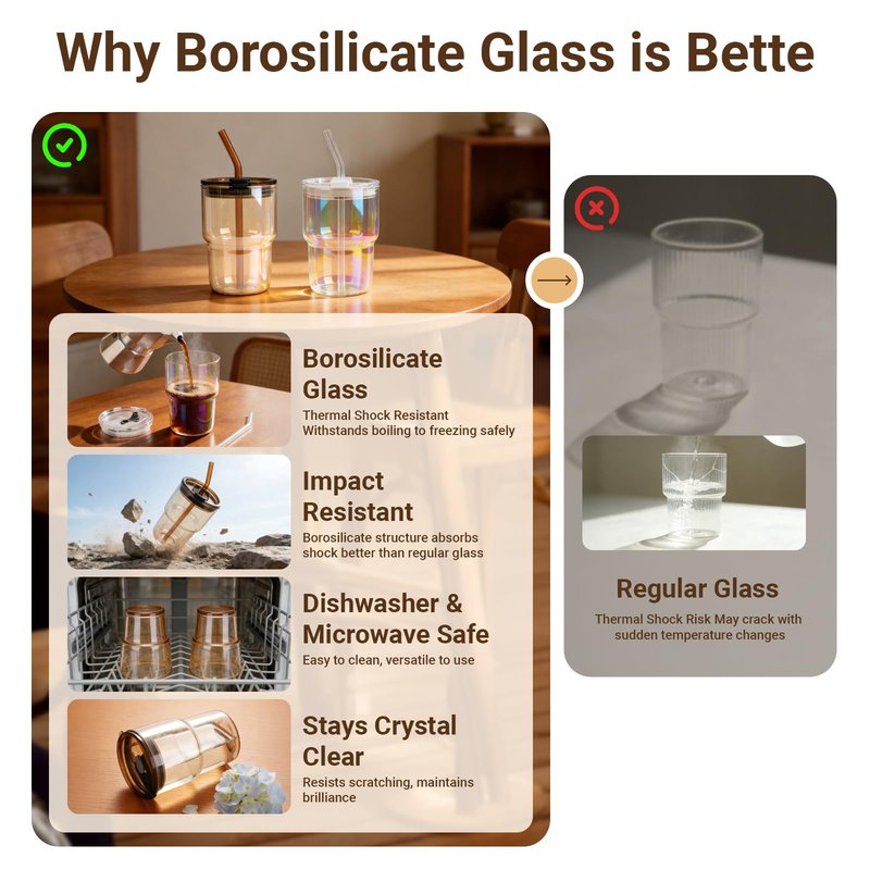 Luxfuel 16 oz Glass Tumbler with Lid & Straw, Reusable Iced Coffee Cup & Smoothie Cup, Leak-Proof Borosilicate Glass for Coffee, Iced Tea, Water – 1 Pack, Ideal for Office, Home & Travel, Amber