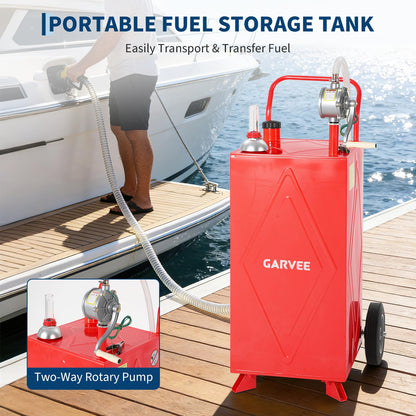 35 Gallon Fuel Gas Caddy Storage Tank, Portable Gas Caddy w/ Wheels, Reversible Manual Hand Pump & Fuel Hose, Anti-Static Grounding Clamp, Vent/Level Gauge, Wide Fill Neck, Gasoline/Diesel Transfer for ATV, Car, Mower, Tractor, Boat