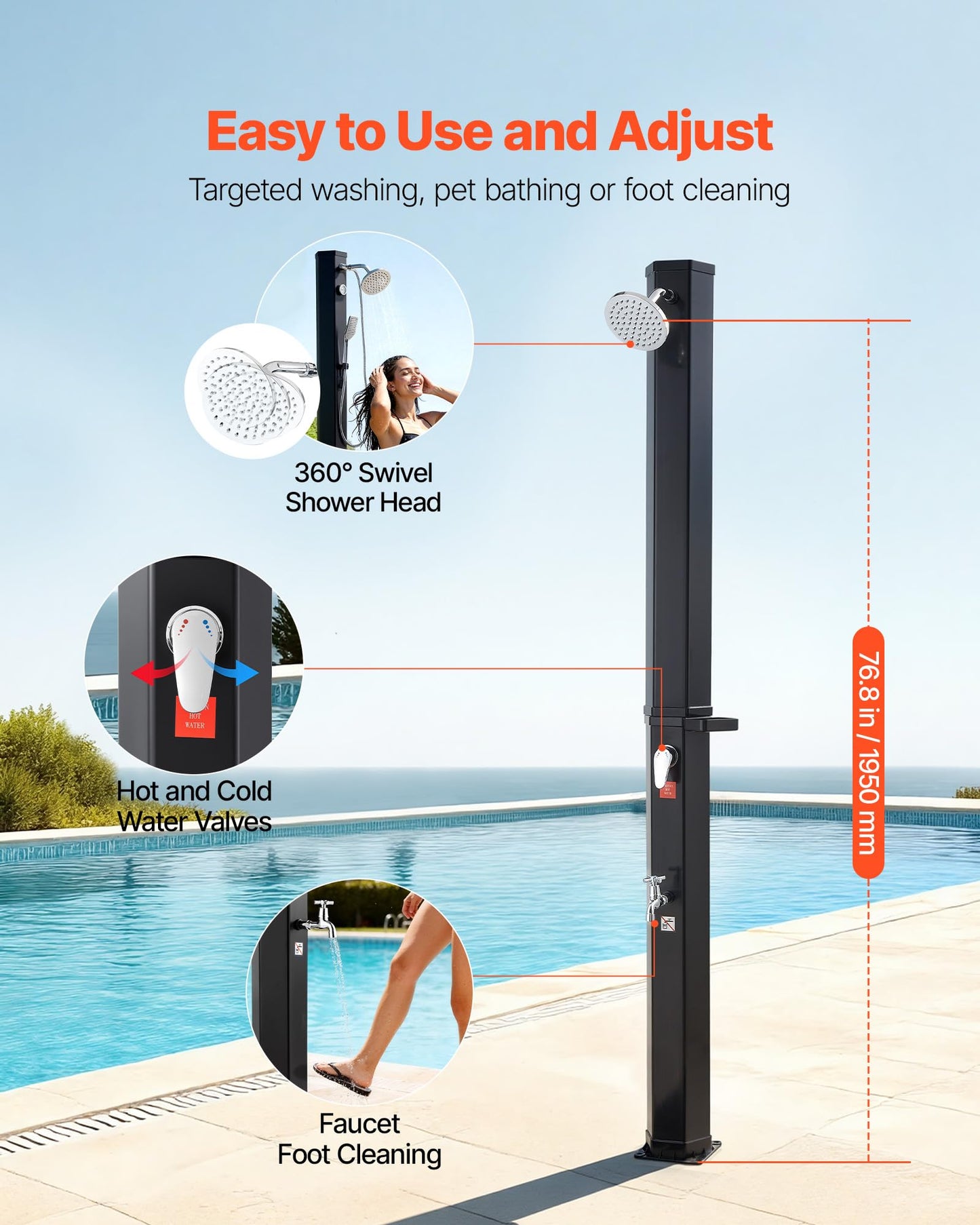 VEVOR Solar Shower, 9.2 Gal, 6.4FT Showerhead Height Outdoor Shower, Black, with Handheld & Foot Faucet, Hot & Cold Water Adjustment, Freestanding for Backyard Poolside Beach Pool