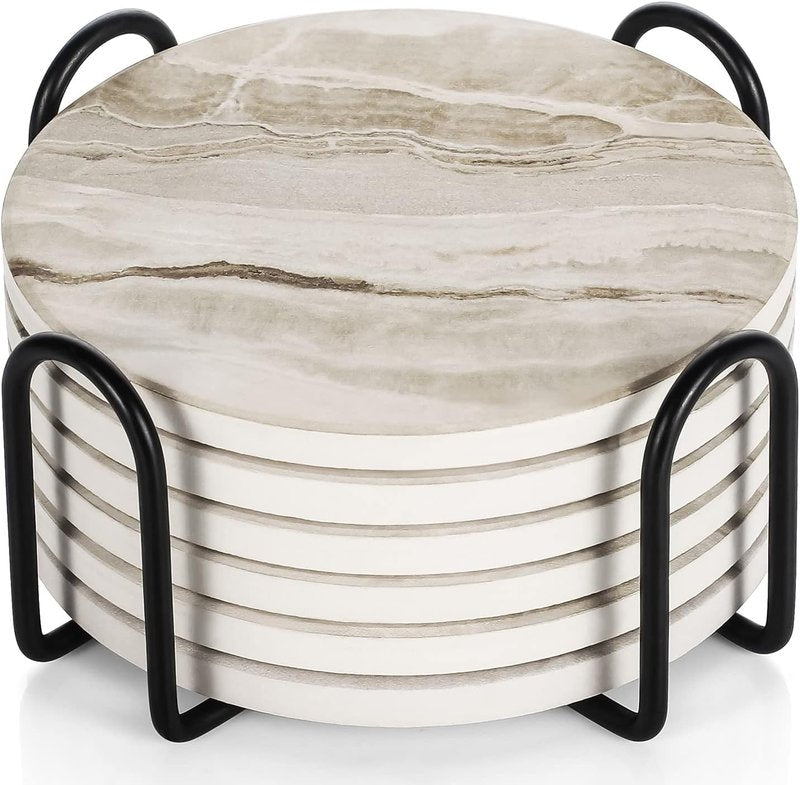 Ehigta Coasters Set of 6, Absorbent Drink Coaster with Holder, Marble Style Ceramic Stone Coasters for Drinks Coffee Tabletop Protection, Modern Furniture Coaster for Home Decor House Warming Gifts