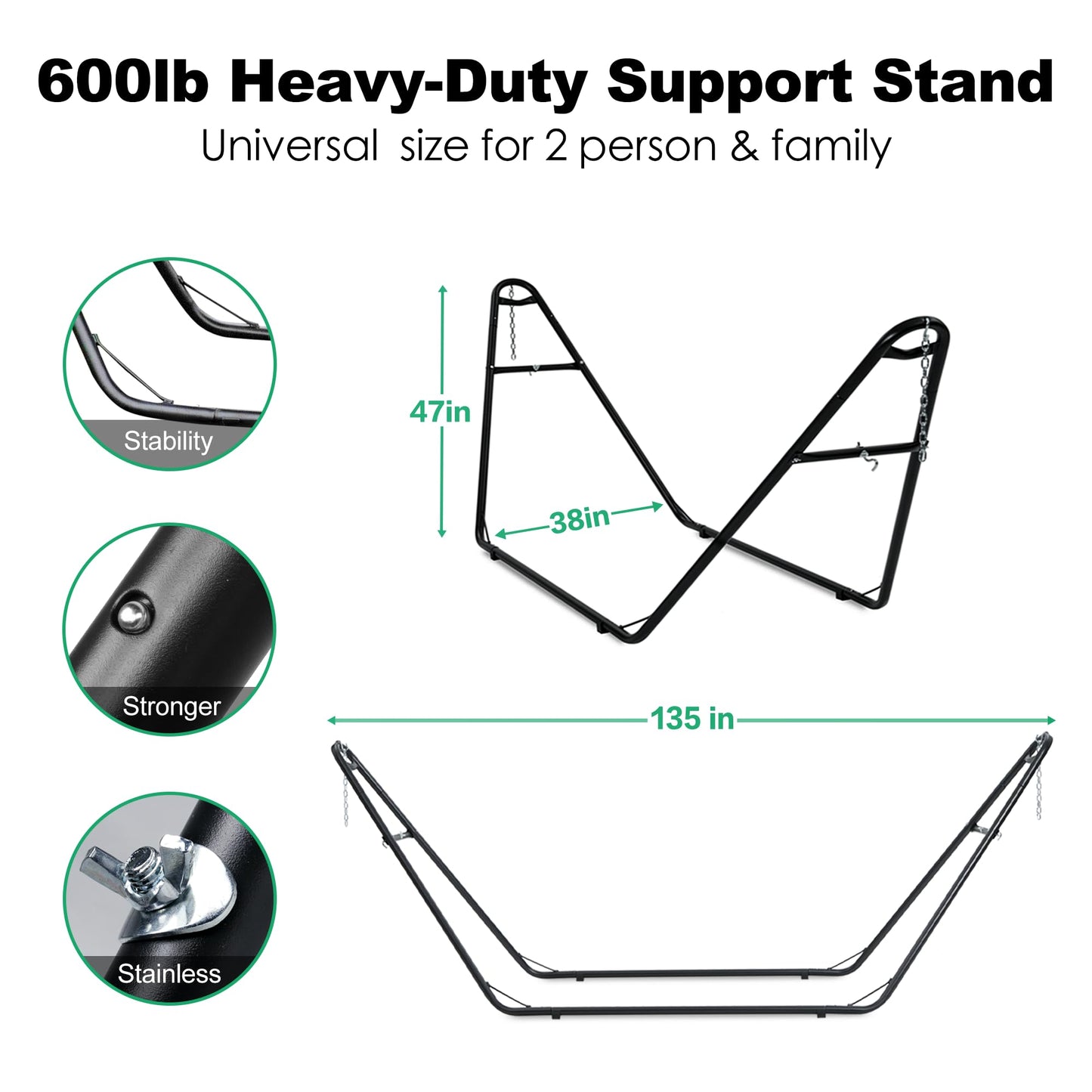 gafete Universal 2 Person Hammock Stand Only, 600 lbs Capacity, Fits 9 to 14ft Hammocks, Adjustable Double Heavy Duty Powder-Coated Steel Stand for Outside, Multi-Use (Black)