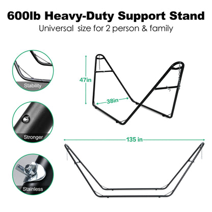 gafete Universal 2 Person Hammock Stand Only, 600 lbs Capacity, Fits 9 to 14ft Hammocks, Adjustable Double Heavy Duty Powder-Coated Steel Stand for Outside, Multi-Use (Black)