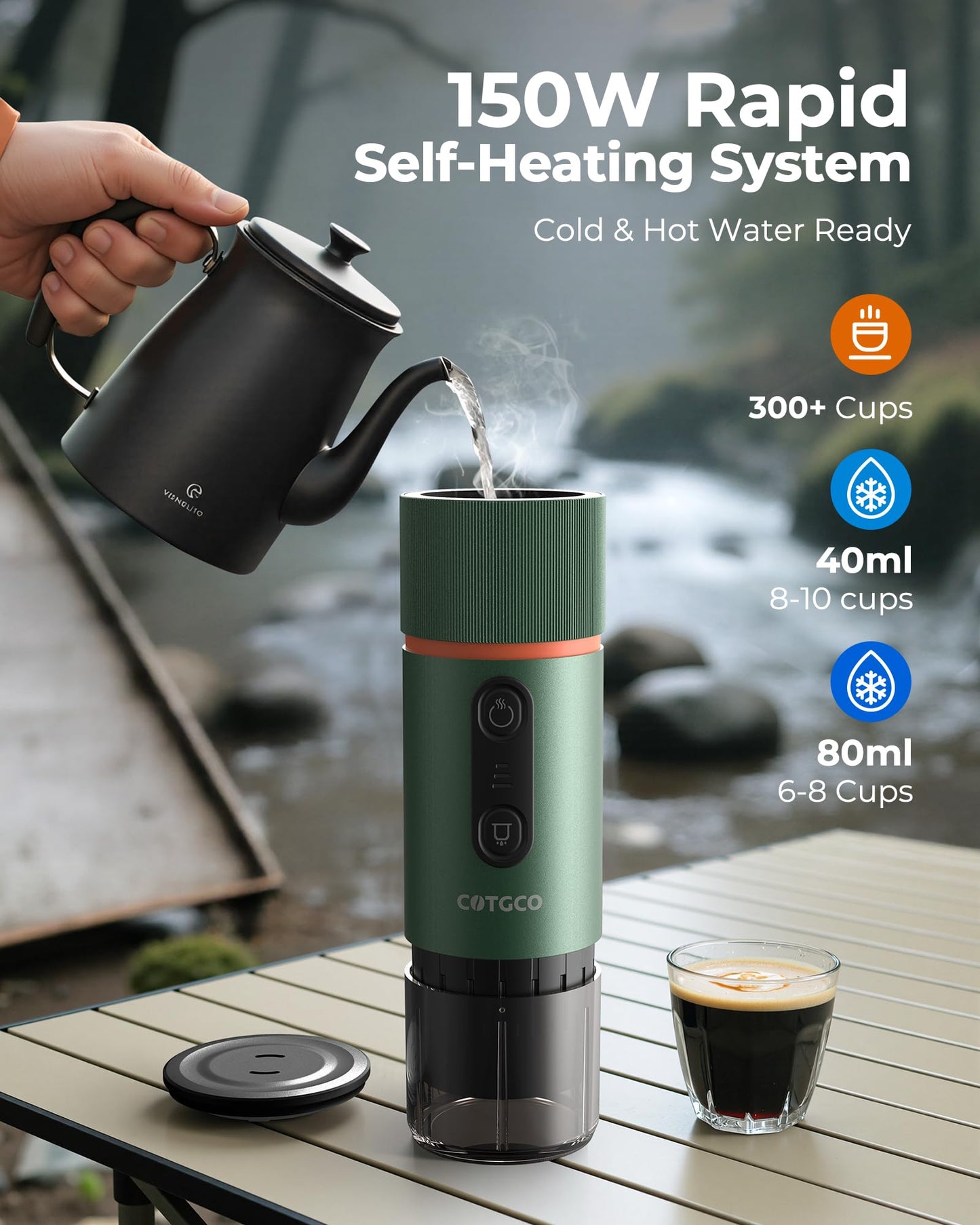 COTGCO Portable Espresso Coffee Maker, Travel Coffee Maker for Camping, 20 Bar Self‑Heating Rechargeable with USB-C, with NS Capsule for Car/Travel/Camping