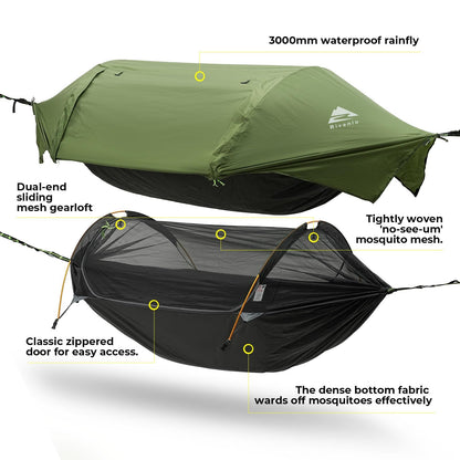 Rivenlo Camping Hammock Tent with Mosquito Net & RainFly, 3 in 1 Waterproof Portable Sleeping Hammock Bug Backpacker Lightweight Outdoor Gear Swing for Hiking Travel Patio Expedition(Dark Green)