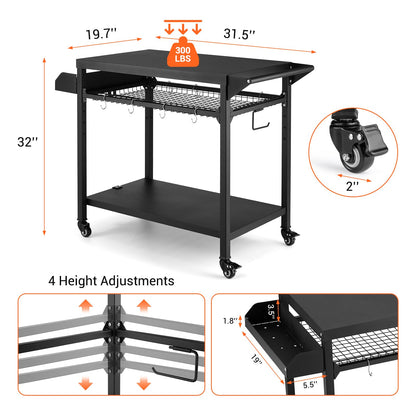 GAOMON 3-Shelf Outdoor Grill Table with Mesh Shelf, Rolling Grill Cart with Wheels, Pizza Oven & Food Prep Table, Blackstone Griddle Stand with Propane Tank Hook for Outside BBQ