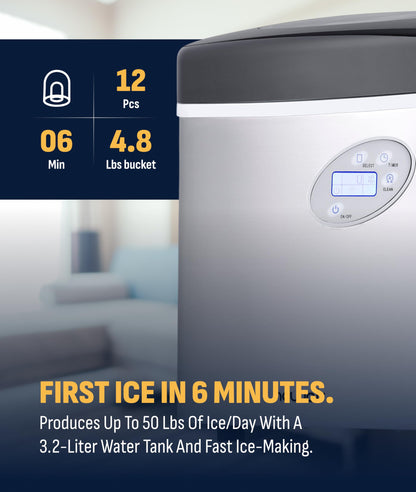 NewAir 50 lb. Countertop Ice Maker | Portable Bullet Ice Machine | 12 Cubes in 7 Minutes, 3 Ice Sizes | Stainless Steel, Self-Cleaning, BPA-Free
