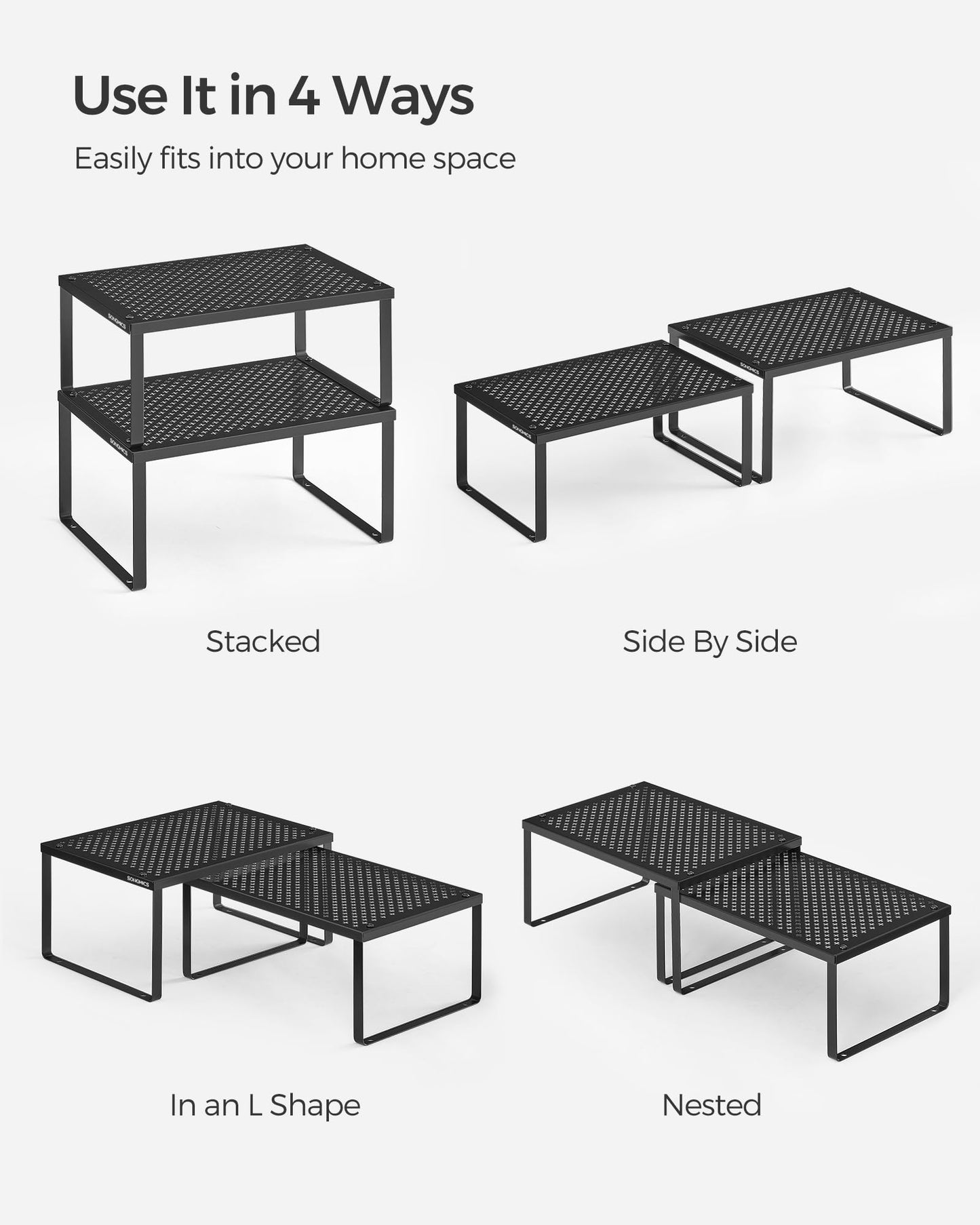 SONGMICS Spice Racks, Set of 2 Metal Cabinet Shelf Organizers, Countertop Organizers, Shelf Risers, Stackable, Expandable, Silver UKCS01SV