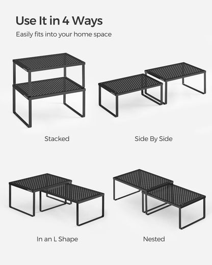 SONGMICS Spice Racks, Set of 2 Metal Cabinet Shelf Organizers, Countertop Organizers, Shelf Risers, Stackable, Expandable, Silver UKCS01SV