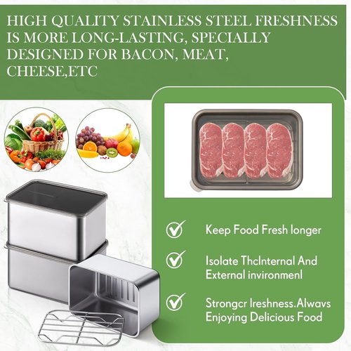 Hushee 3-Piece Stainless Steel Food Storage Containers - Airtight with Removable Drain Tray | 30 oz, 5.12 x 3.74 x 2.76 Inch