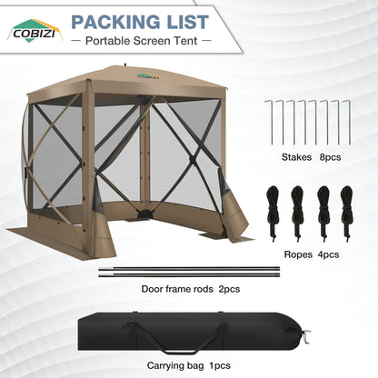 COBIZI Pop Up Gazebo Screen Tent Screen House for Camping, 6FTx6FT Screen Room with Mosquito Netting, Hub Tent Instant Screened Canopy with Carrying Bag and Ground Stakes, Khaki