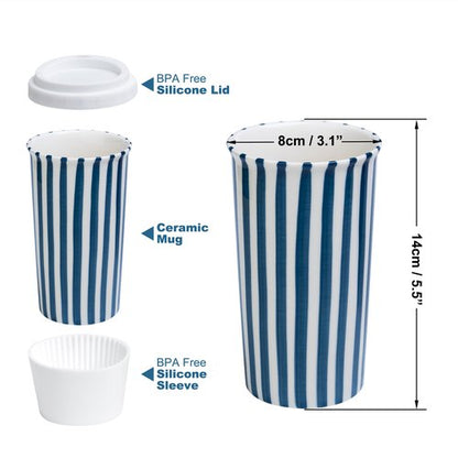 GIROFLIER Ceramic Travel Mug with Lid (12 oz) – Cute Aesthetic Coffee Cup for Women & Men, Microwave & Dishwasher Safe, Spill-Resistant To Go Tumbler, Fits Car Cup Holder (Blue)
