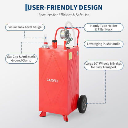 35 Gallon Fuel Gas Caddy Storage Tank, Portable Gas Caddy w/ Wheels, Reversible Manual Hand Pump & Fuel Hose, Anti-Static Grounding Clamp, Vent/Level Gauge, Wide Fill Neck, Gasoline/Diesel Transfer for ATV, Car, Mower, Tractor, Boat
