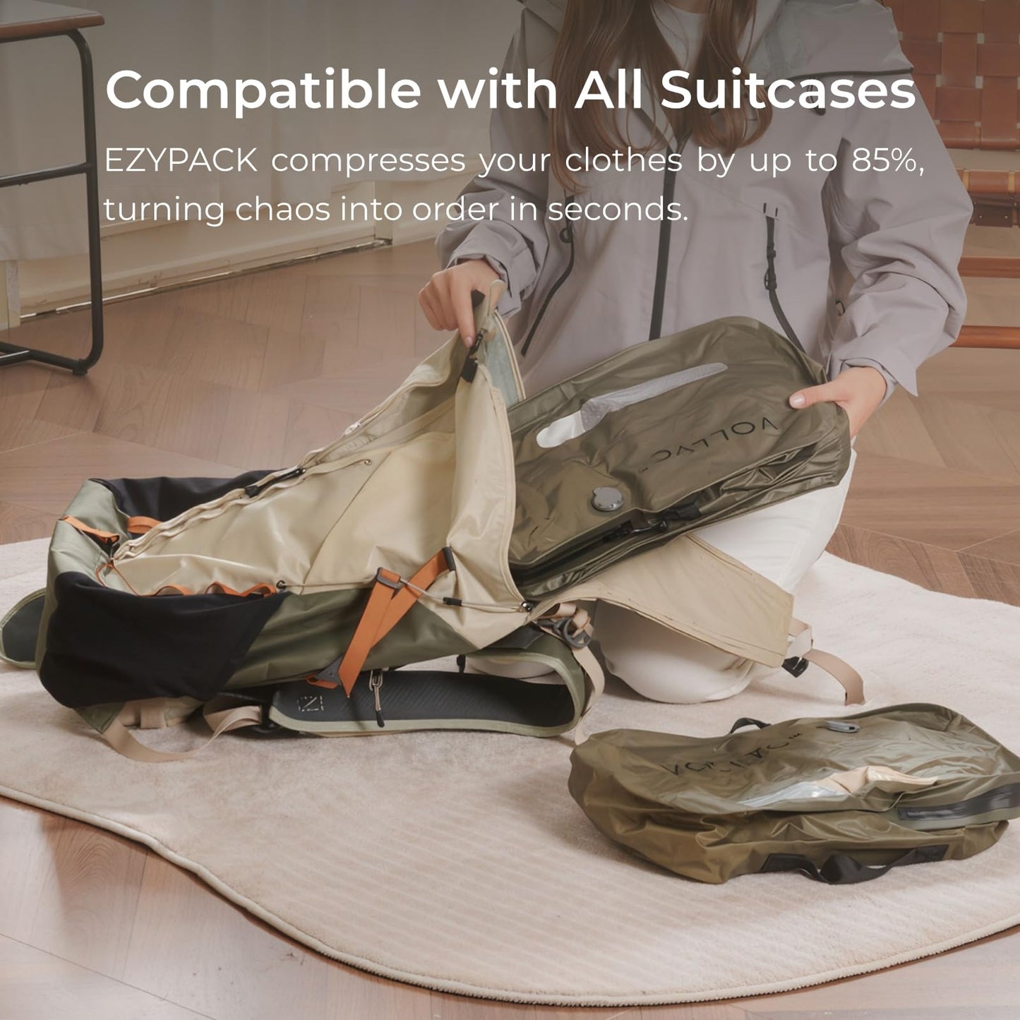 VOLLYC 4 IN 1 Vacuum Travel Bags with Wireless Pump, Compression Packing Bags for Luggage & Carry-On, Waterproof Anti-Tear Nylon, Stores 50+ Clothes, TSA-Ready Travel Essentials