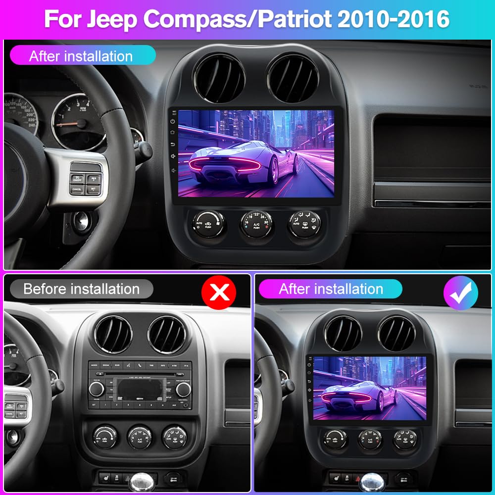 Solvitek Car Radio Stereo for Jeep Compass Patriot 2010 2011 2012 2013 2014 2015 2016, Android 15, [4Core+64GB] 10.1 inch Touch Screen Upgrade, CarPlay/Android Auto/SWC/Bluetooth/WiFi/Backup Camera