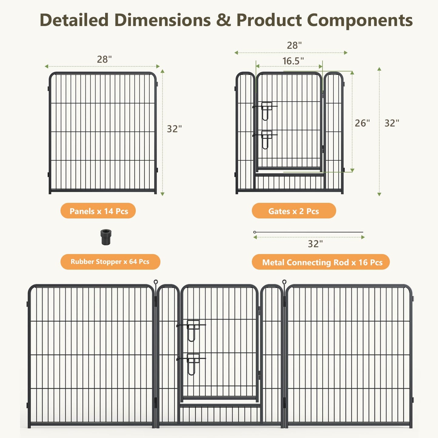 MAKE CHANGES Metal Dog Playpen - 32" Height 16 Panels Foldable Exercise Pen for Dogs Indoor/Outdoor Pen with Door for Pet Animals Portable Pet Playpen Polygon Dog Enclosure (Black)
