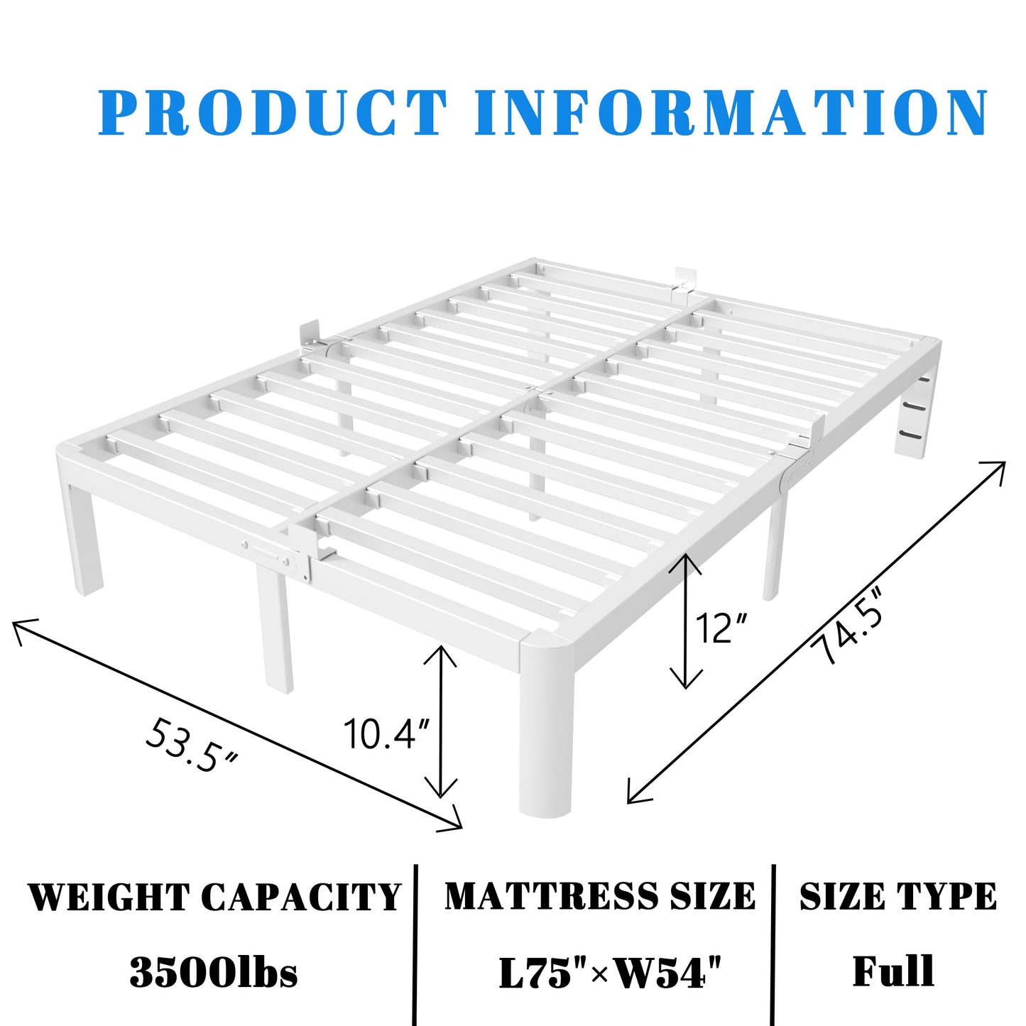 KOSOSO 12 Inch White Full Size Bed Frame with Baffles, Metal Full Bed Frame No Box Spring Need, Heavy Duty Steel Platform Support, Reserved Holes, Round Corner Legs, Storage Space, Noiseless