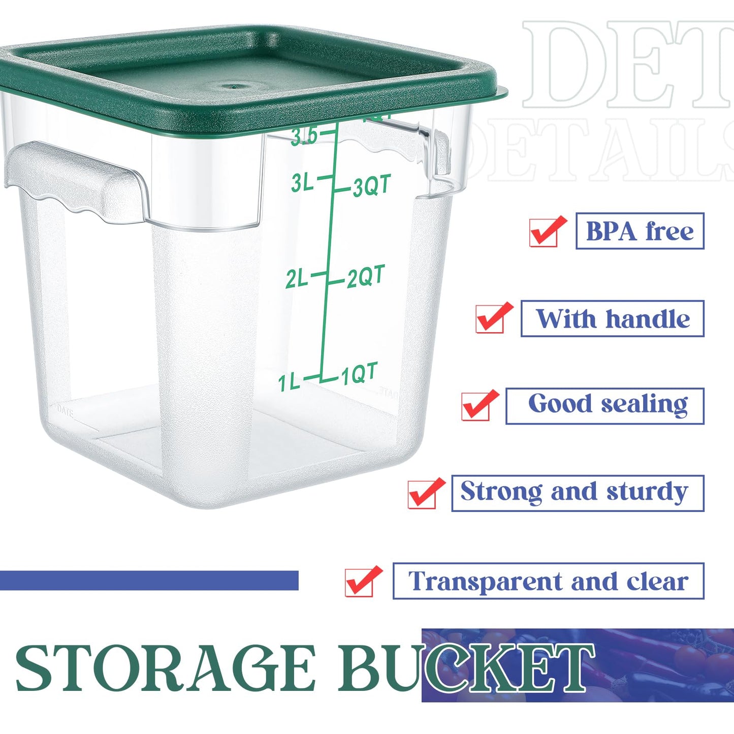 Ziliny 8 Set Square Food Storage Containers with Lid Contains 4 Pcs 6 Qt, 12 Quart and 4 Quart 2 Each, Clear Polycarbonate Commercial Food Storage Container Dough Proofing for Restaurant Home
