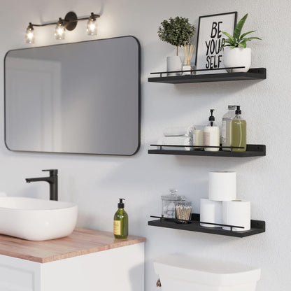 WOPITUES Floating Wall Shelves - Set of 3 with Black Metal Guardrail for Bedroom, Bathroom, Kitchen, Living Room Decor