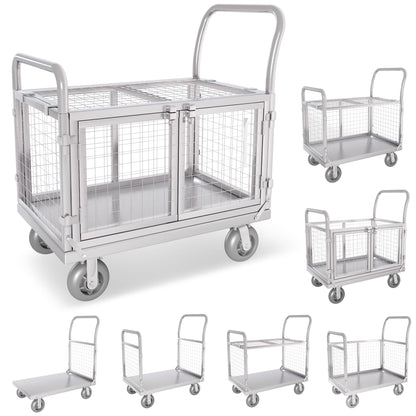 Upgrade Platform Truck with Cage, Mutipurpose 7-in-1 Heavy-Duty Utility Cart,2-Door Design Foldable Flatbed Cart with Industrail Wheels, Rmovable Fence, Load 2000lbs for Grocery/Laundry/Stall/Storage