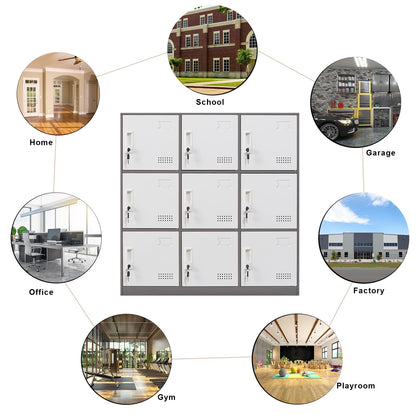 FURSTEL Student Locker Organizer, Multi-Door Steel Locker, Small Locking Cabinet Storage Organizer, Office File Cabinet, Home Locker, Gym Locker, Metal Storage Locker (9 Door, Grey & White)