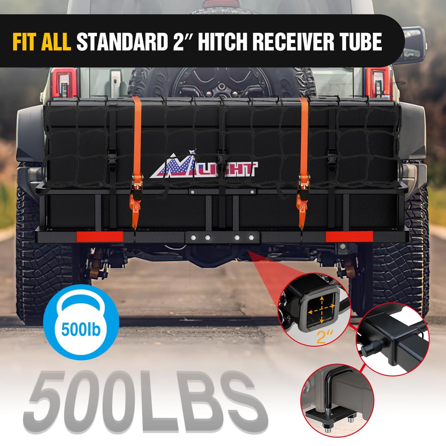 Nilight 60" x 20"x 7.87" Folding Carrier Fits 2-Inch Receiver 500 Lbs Capacity Bag Net Ratchet Straps Lock Stabilizer for SUV Pickup RV Van
