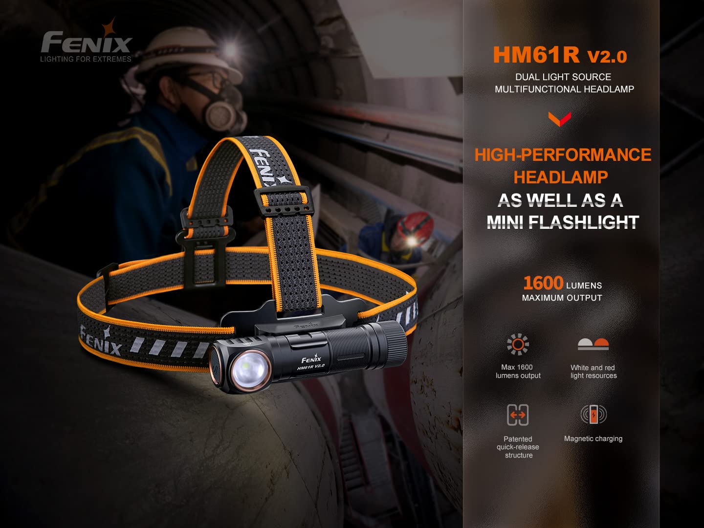 EdisonBright Fenix HM61R V2 1600 Lumen magnetically Rechargeable LED Headlamp, high Capacity Battery Battery Carry case Bundle