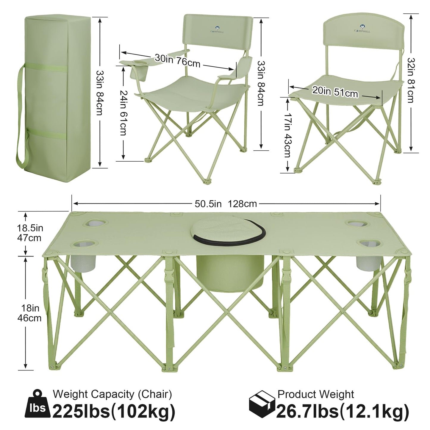 Camping Chair Set of 5,Folding Lawn Chairs with Table for Adults,Heavy Duty Collapsible Chair Include Four Single Chairs and Camping Table with Cooler Bag for Travel Fishing Sport Picnic,Light Green