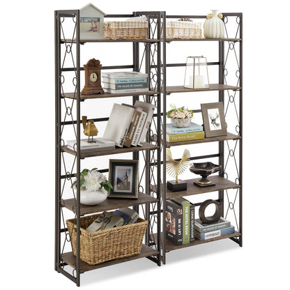 VECELO Folding Bookshelf, 5 Shelf Folding Bookcase No Assembly, Industrial Metal Freestanding Shelves Rack Organizer for Living Room, Office, Bedroom, Kitchen