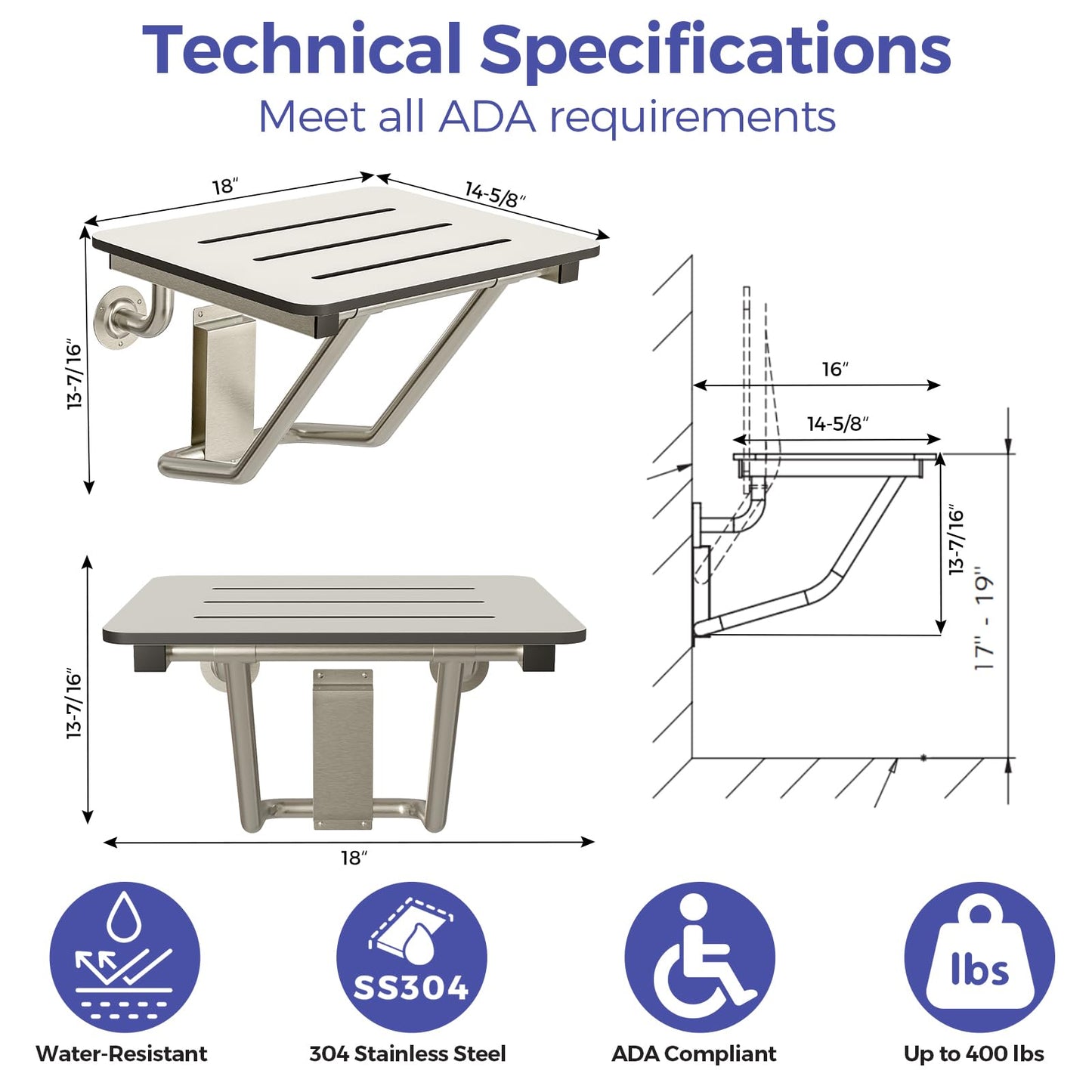 Stardrix 18" x 16" ADA Compliant Phenolic White Folding Shower Seat Bench, Wall Mount Foldable Bathroom Shower Chair with Stainless Steel Support, 400 lbs Capacity