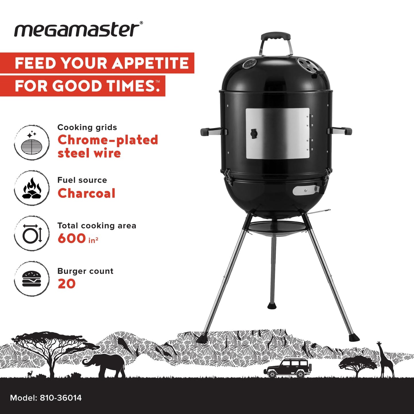 Megamaster Vertical 18 Inch Charcoal BBQ Smoker, 4-in-1 Portable Outdoor Grill with Adjustable Air Vent, 600 SQ. In Cooking Area, Built-in Temperature Gauge, BBQ Grill for Camping, Picnics - 810-36014