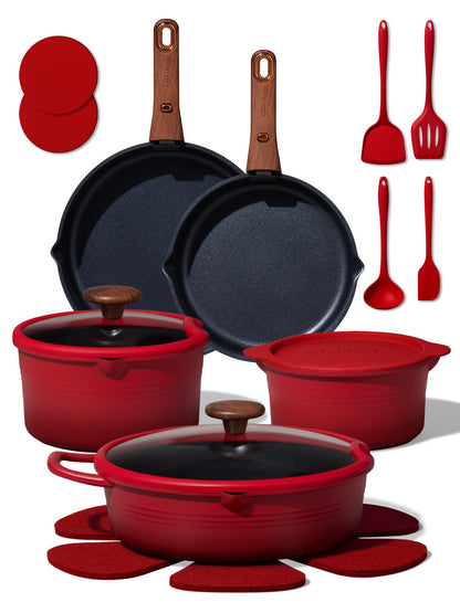 CAROTE 20Pcs Titanium Cookware Set, Pots and Pans Set Non Stick, Kitchen Cooking Set with Detachable Handle, Non Toxic Induction Cookware - Camping Cookware, Dishwasher/Oven Safe, Red