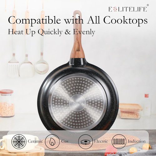 ESLITE LIFE Nonstick Cookware Set - 12 Pcs Granite Coating Pots & Pans | PFOA Free, Black, All Stovetops Compatible