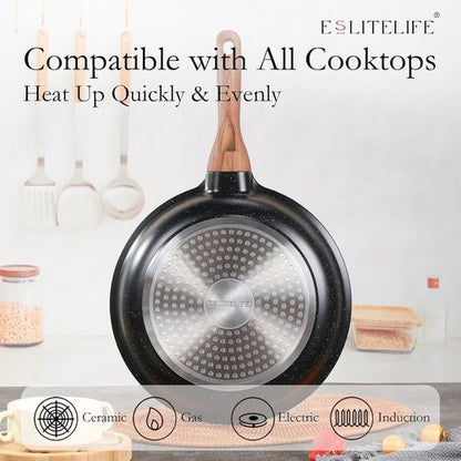 ESLITE LIFE Nonstick Cookware Set - 12 Pcs Granite Coating Pots & Pans | PFOA Free, Black, All Stovetops Compatible