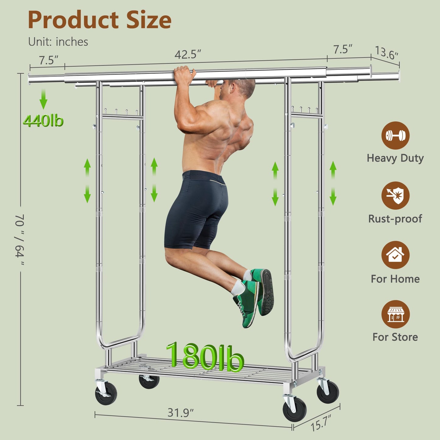 Heavy Duty Rolling Clothes Rack, 620 LBS Load Double Rod Adjustable Garment Rack with Storage Shelves & Lockable Wheels, Portable Clothing Rack for Hanging Clothes for Bedroom, Laundry Living Room
