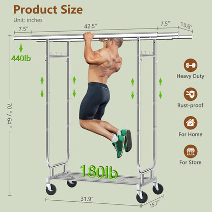Heavy Duty Rolling Clothes Rack, 620 LBS Load Double Rod Adjustable Garment Rack with Storage Shelves & Lockable Wheels, Portable Clothing Rack for Hanging Clothes for Bedroom, Laundry Living Room
