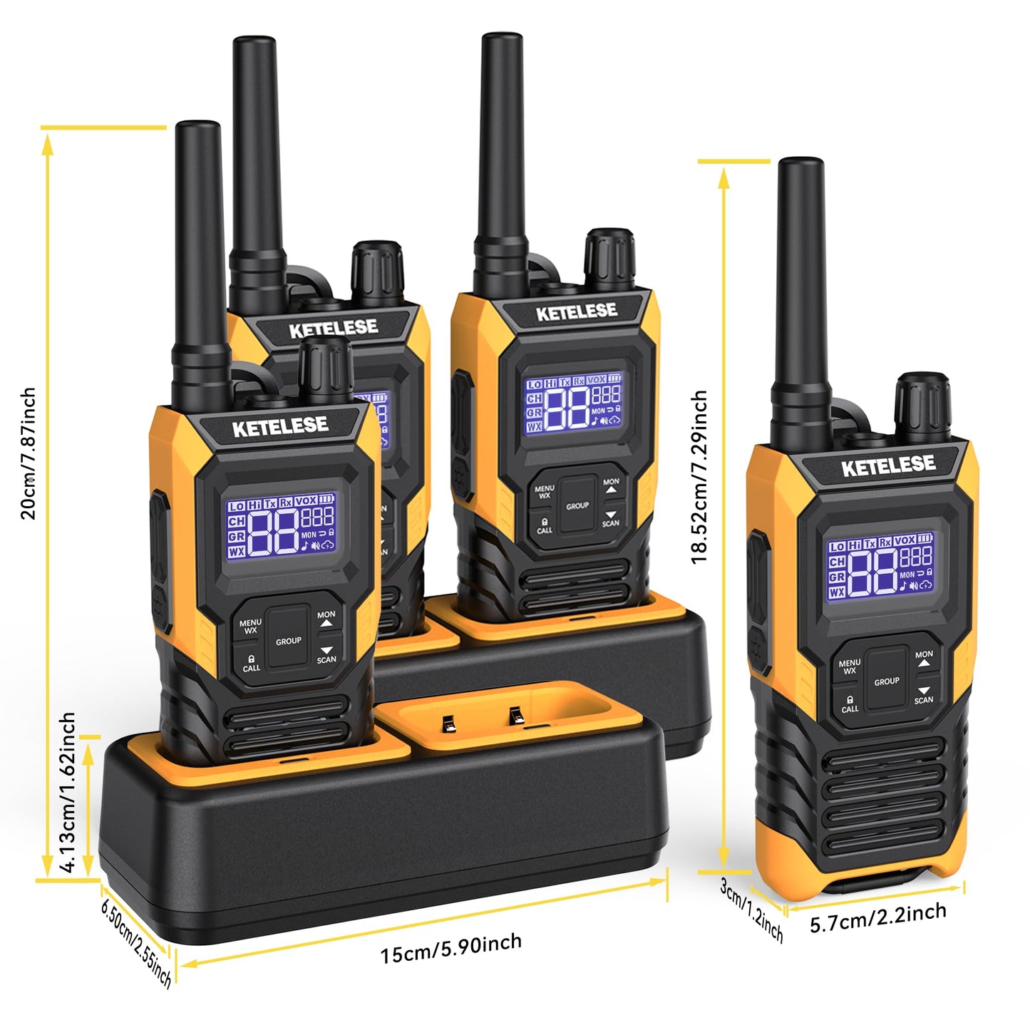 KETELESE T4 Long Range Walkie Talkies, Portable Two Way Radios IP67 Waterproof, with Earpiece, NOAA&Weather Alert, PTT, Group, VOX, 4Pack, Orange